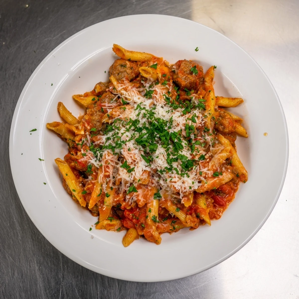 Golden, bubbly cheese covers a steaming Budget Sausage and Cheese Pasta Bake, ready to serve warm.