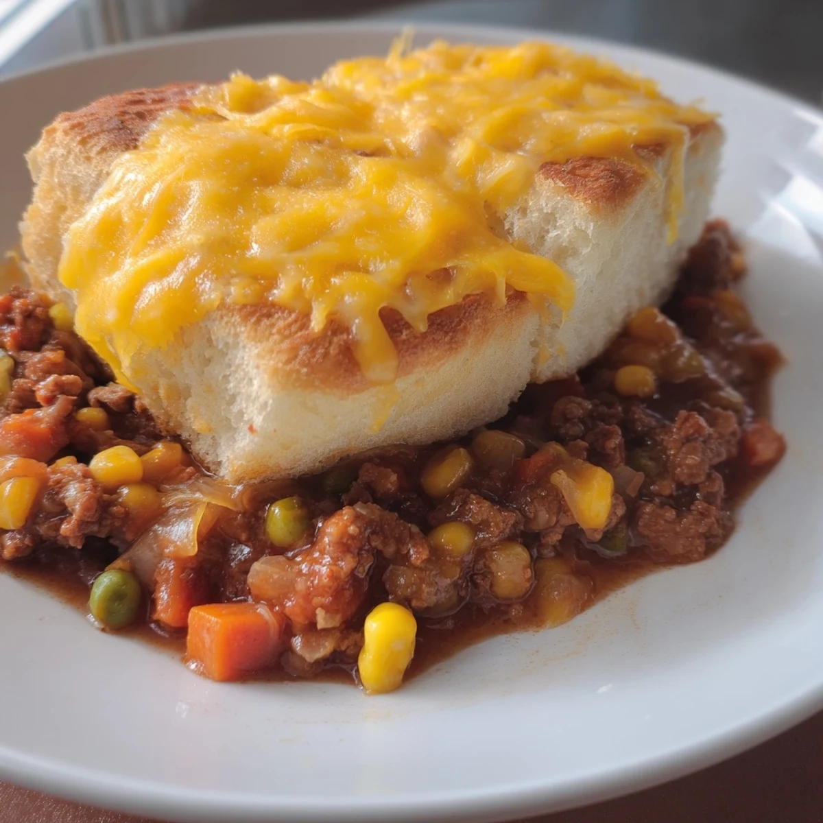 A close-up of a deliciously cheesy 5-Ingredient Sloppy Joe Casserole, ready to be served hot.