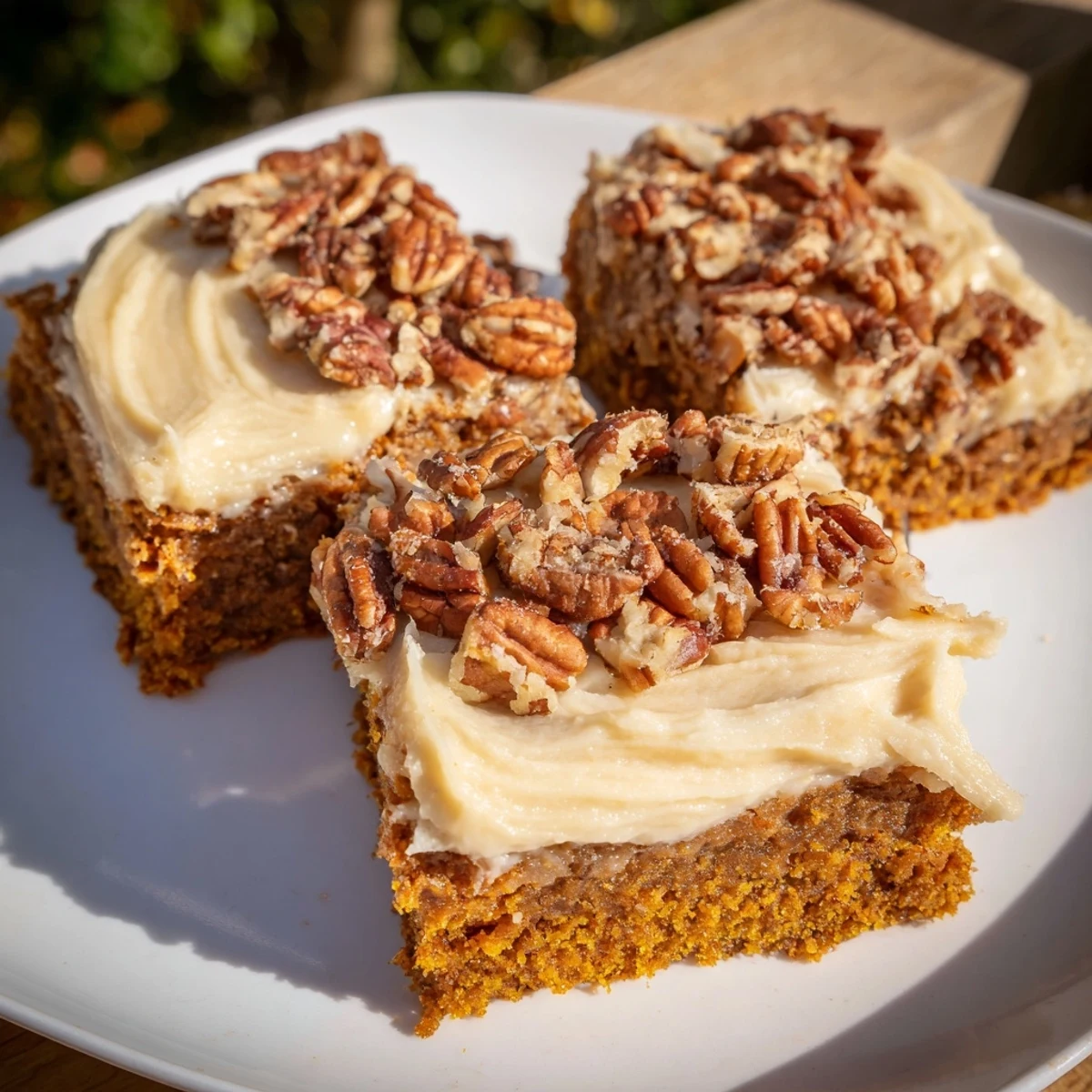 Freshly baked Pumpkin Bars showcased with a fluffy, brown sugar frosting, ready to be enjoyed.