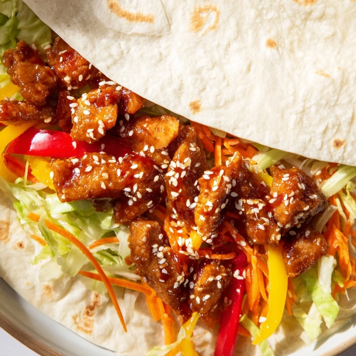Tender teriyaki chicken wraps, filled with colorful vegetables, ready to be rolled and enjoyed.