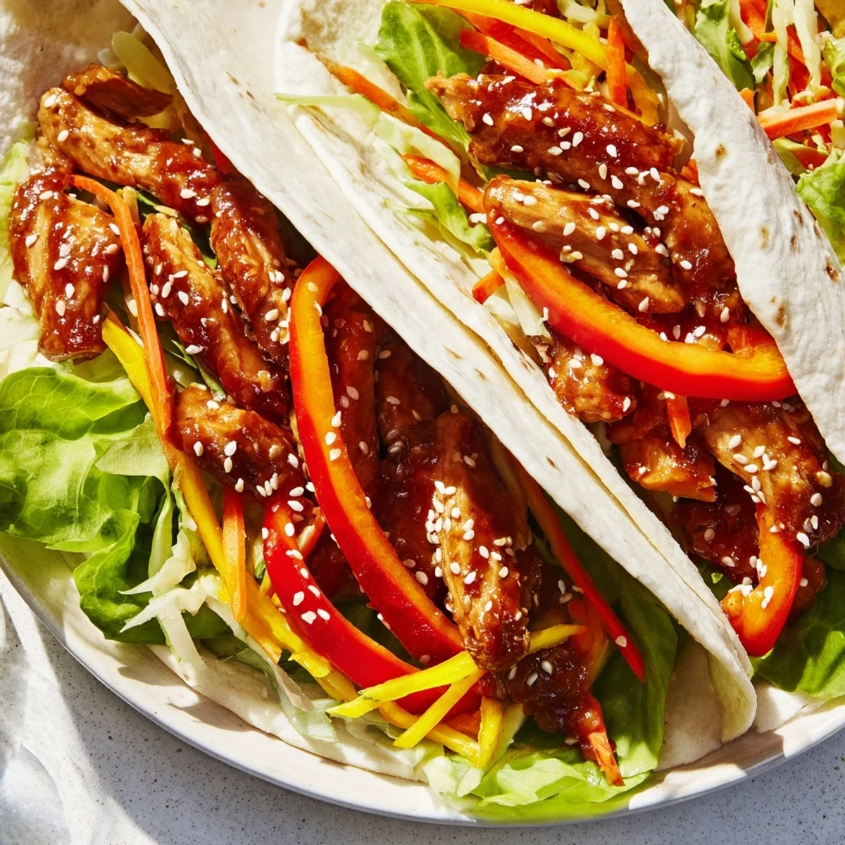 Freshly assembled teriyaki chicken wrap, showing layers of chicken, crisp veggies, and soft tortilla.