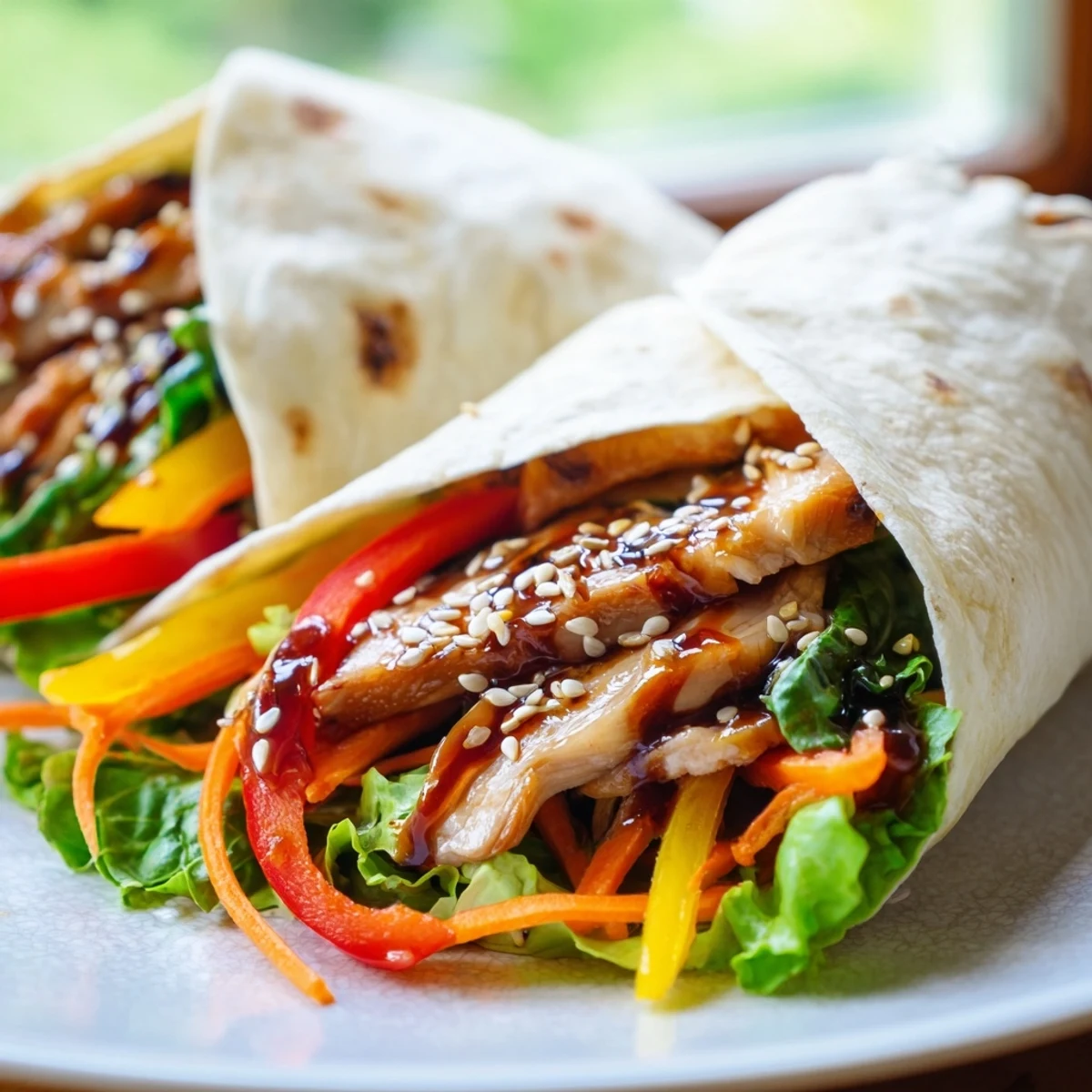 A close-up of a halved teriyaki chicken wrap revealing juicy chicken and vibrant fillings for a tasty lunch.
