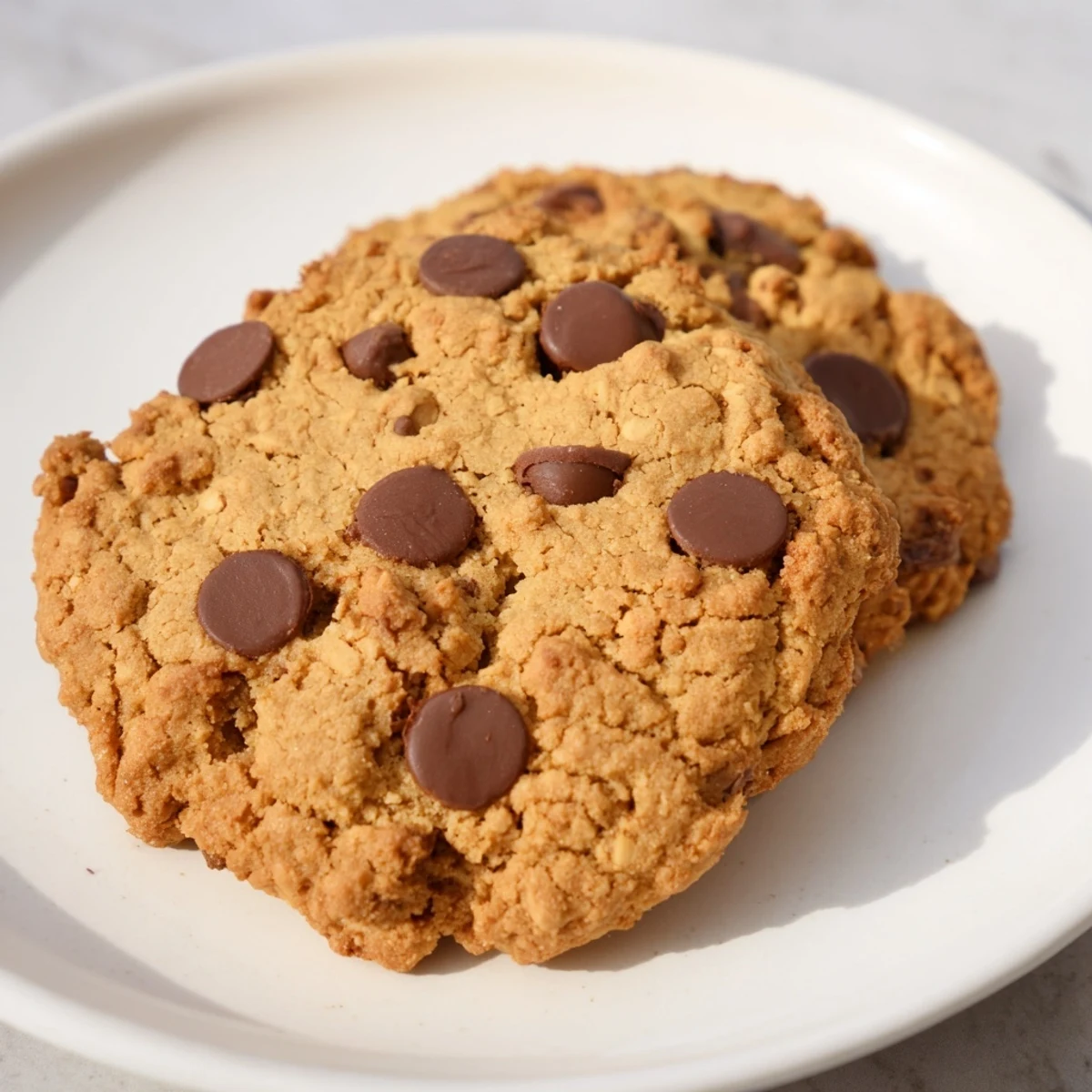 Golden, chewy protein chocolate chip cookies with melty chocolate chips, a delicious dessert.