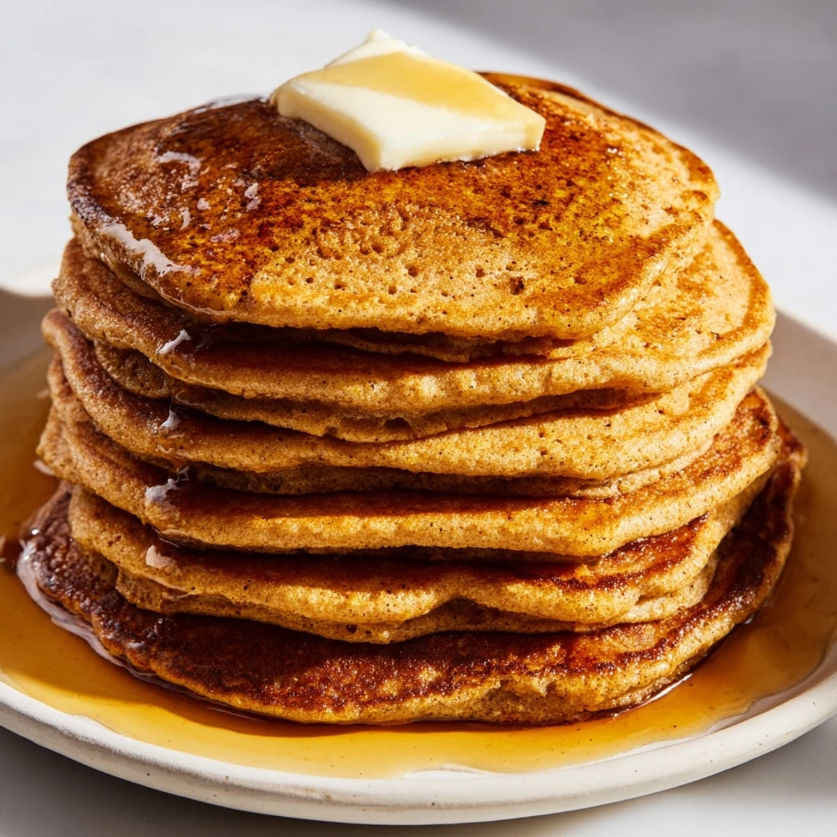 Golden brown Gingerbread Pancakes, drizzled with maple syrup, ready to enjoy for breakfast.