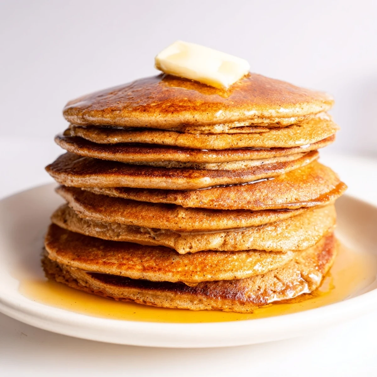 A stack of warm Gingerbread Pancakes, fluffy and spiced, served with butter and whipped cream.