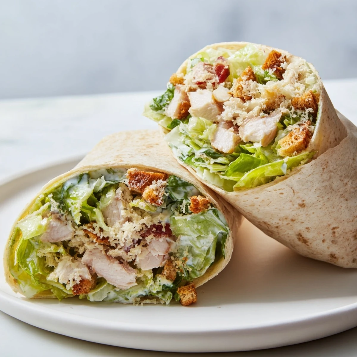 Chicken Caesar Wraps, bursting with creamy dressing, juicy chicken, and crispy croutons, ready to eat.