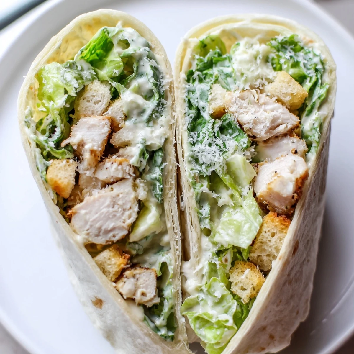 View a close-up of delicious Chicken Caesar Wraps, perfectly wrapped and filled with fresh ingredients.