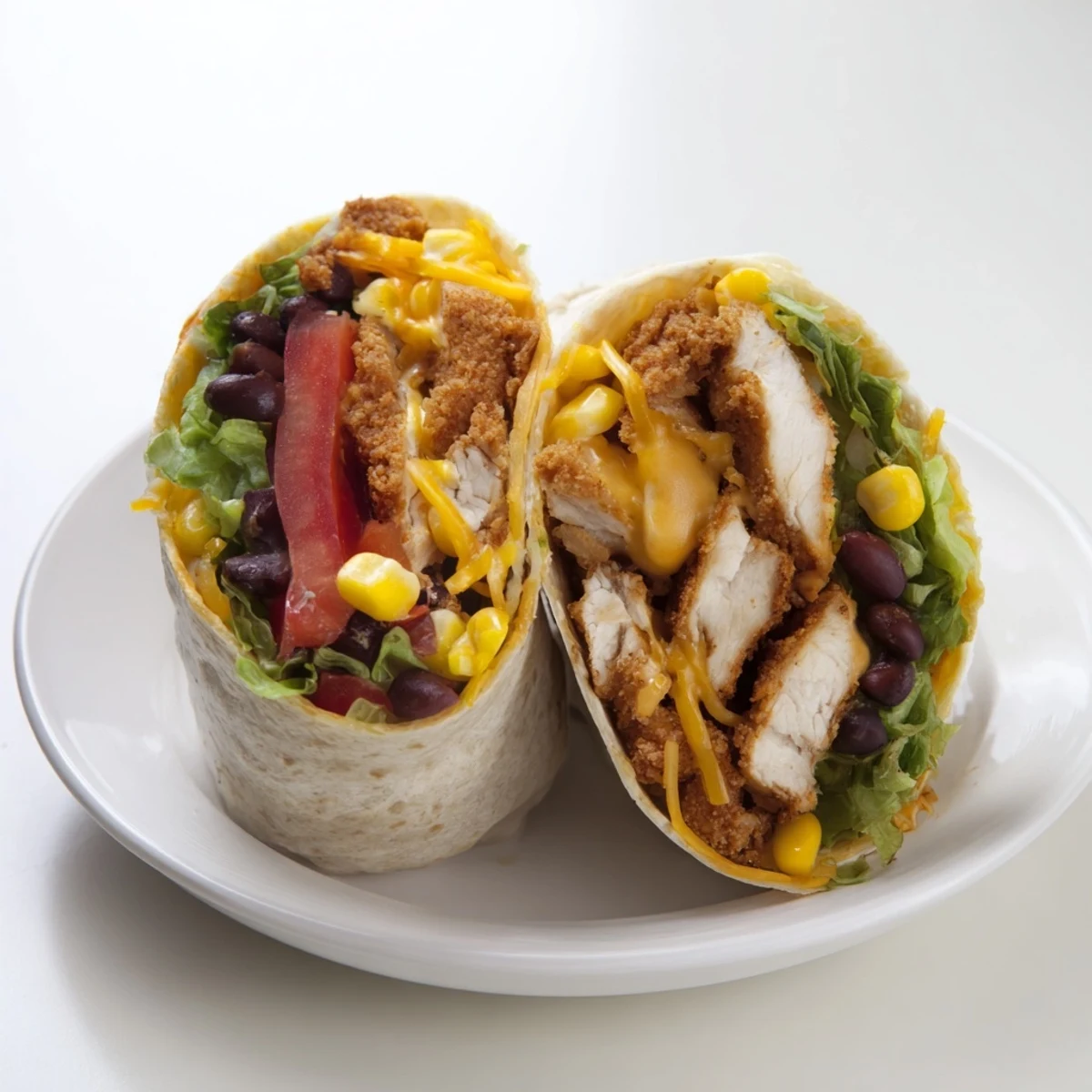 A delicious Southwest chicken wrap, layered with chicken, veggies, and creamy dressing, ready to eat.