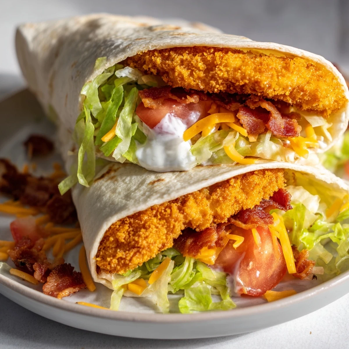 A close-up of a perfectly constructed chicken bacon ranch wrap, ready for a satisfying lunch.