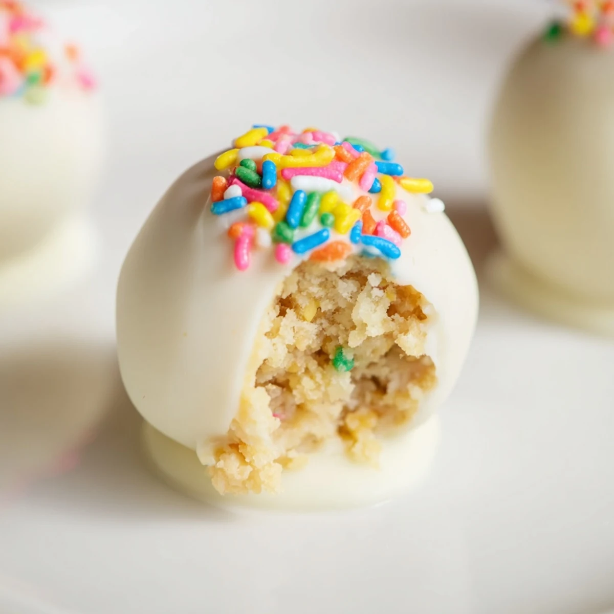 Imagine a close-up of lightened-up sugar cookie cake pops, showing the textured chocolate shell and colorful sprinkles.