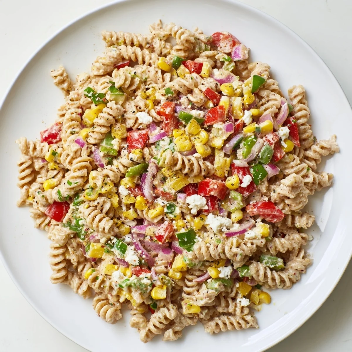 A bowl of Healthier Mexican Street Corn Pasta Salad with charred corn and creamy dressing.