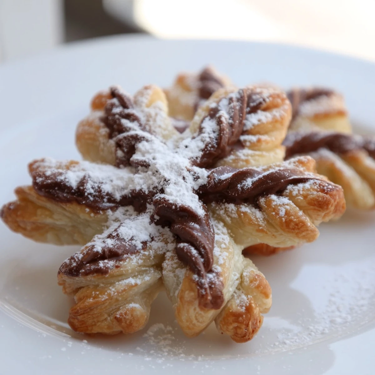 Golden, flaky Express Nutella Puff Pastry Snowflakes, dusted with powdered sugar, perfect for a cozy dessert.