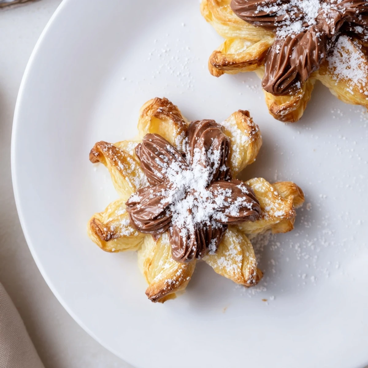 Close-up of baked Express Nutella Puff Pastry Snowflakes, oozing chocolatey Nutella filling, a delightful treat indeed.