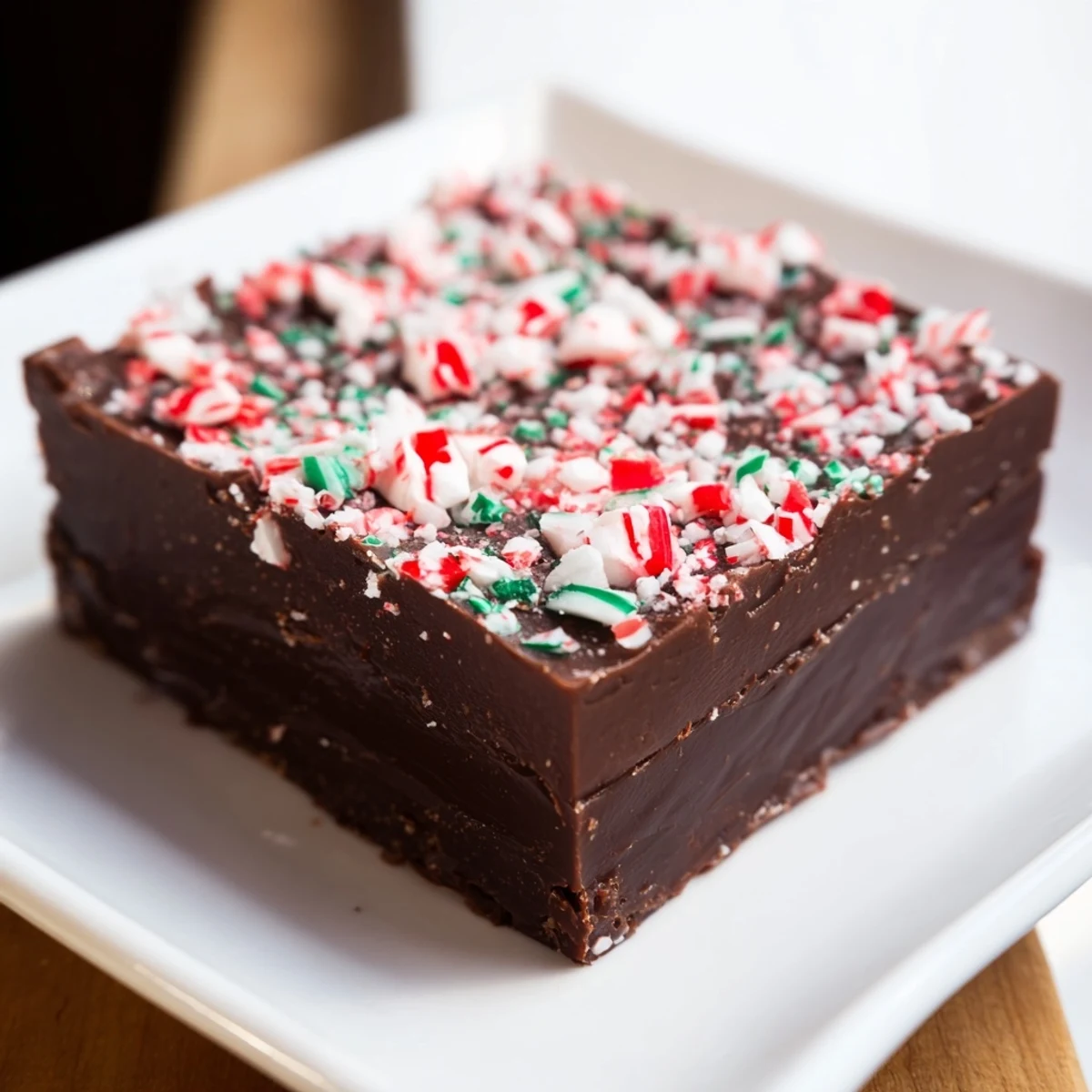 Warm, gooey 3-Ingredient Christmas Fudge Squares sprinkled with festive colors, ready to enjoy.