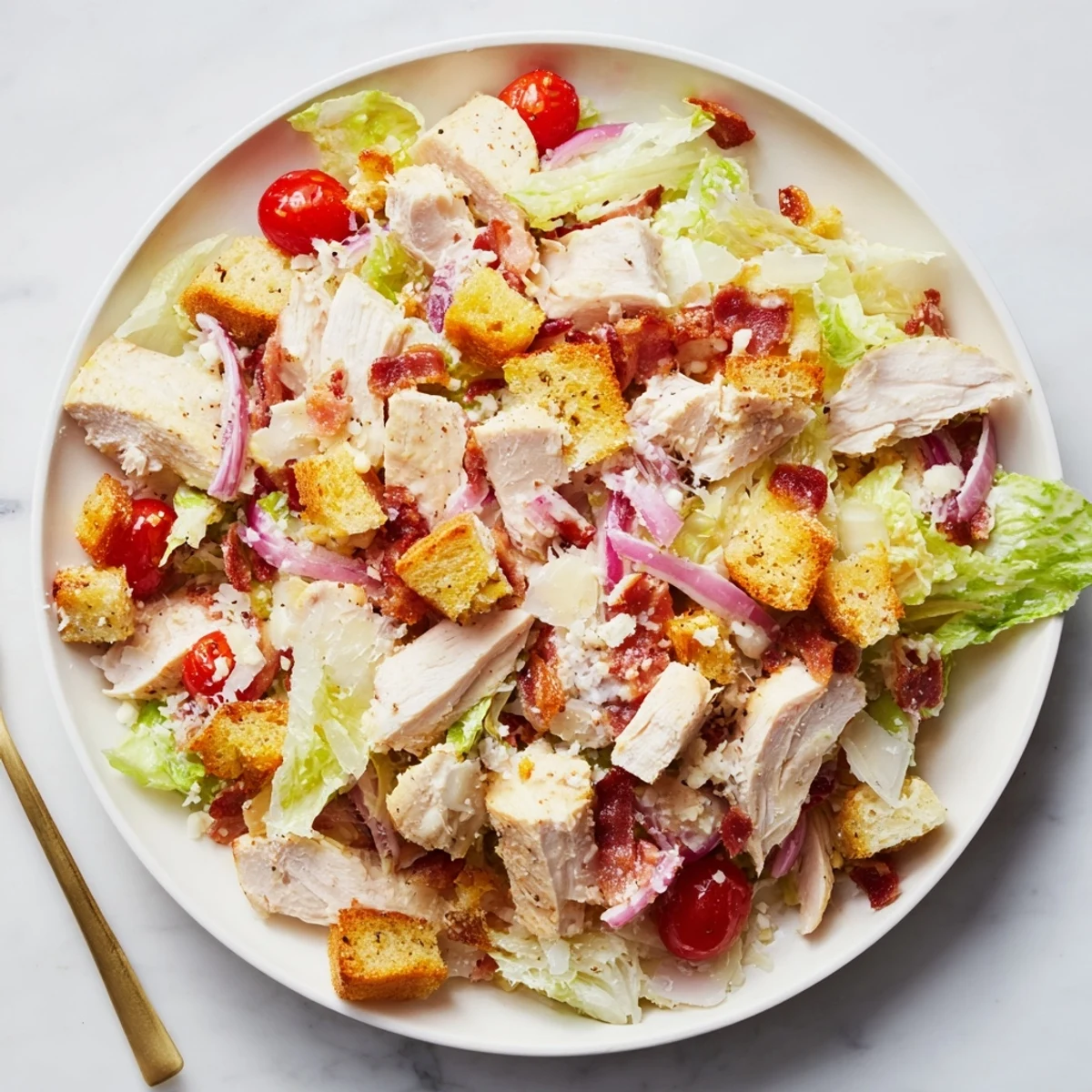 Fresh, vibrant Costco Chicken Bake Salad Bowl featuring romaine lettuce, tomatoes, and the delicious flavors of a classic.