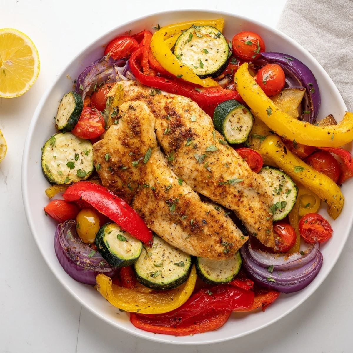 Sheet Pan Lemon Oregano Chicken Cutlets: Roasted chicken and colorful vegetables, full of zesty lemon flavor.