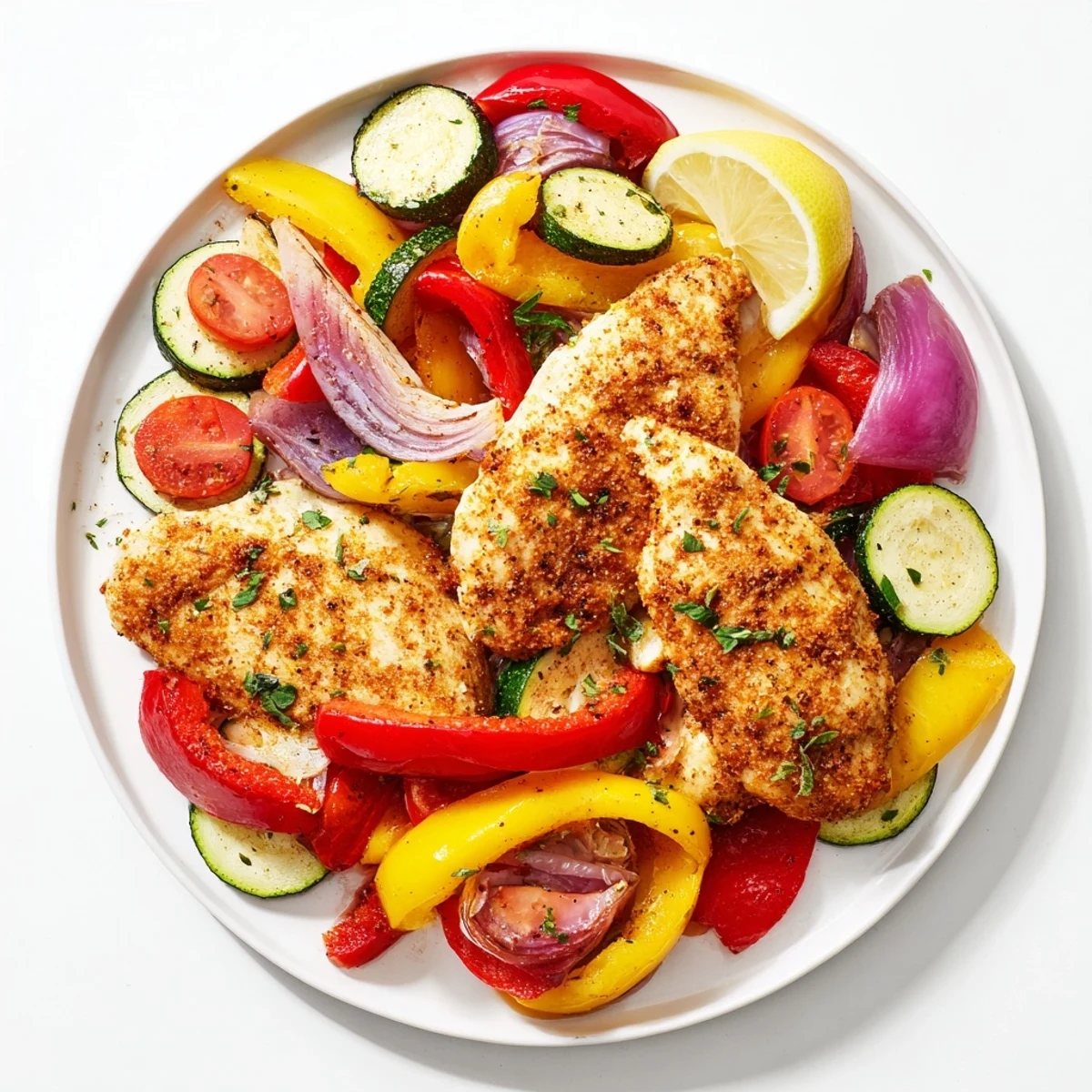 Golden Sheet Pan Lemon Oregano Chicken Cutlets, served with bright lemon wedges and fresh, green herbs.