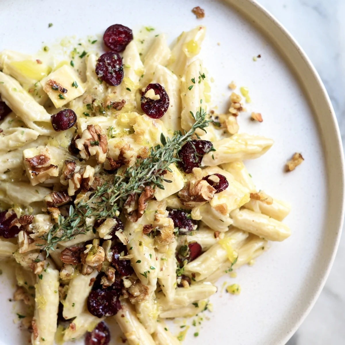 Creamy Baked Brie & Cranberry Pasta, a comforting bowl with melted Brie, cranberries, and walnuts.