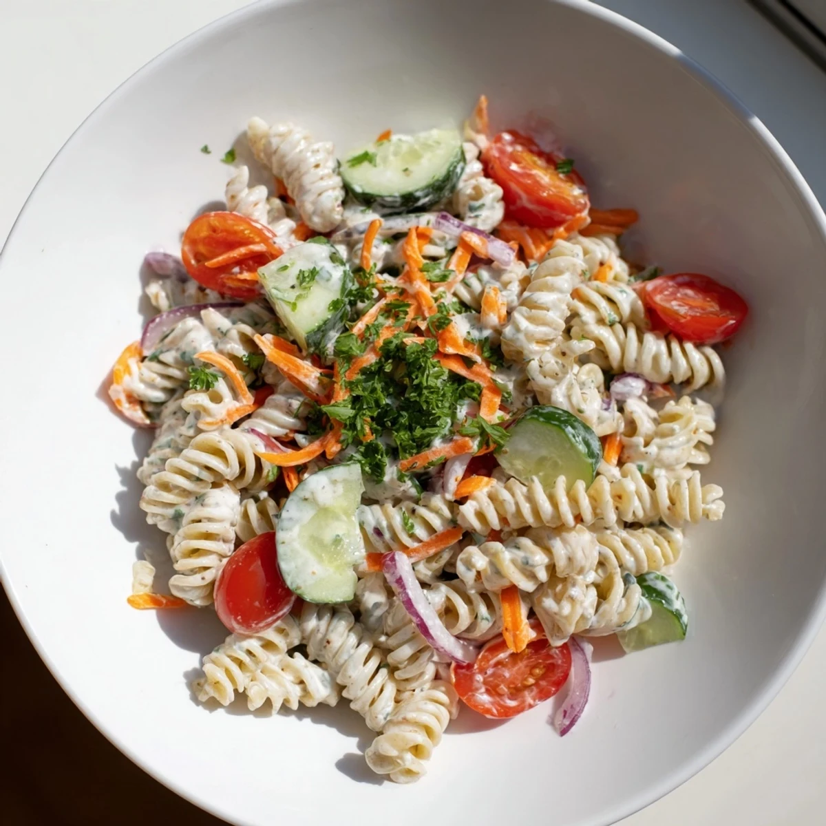 A vibrant Vegan Hemp Seed Ranch Pasta Salad, with colorful veggies and creamy dressing.