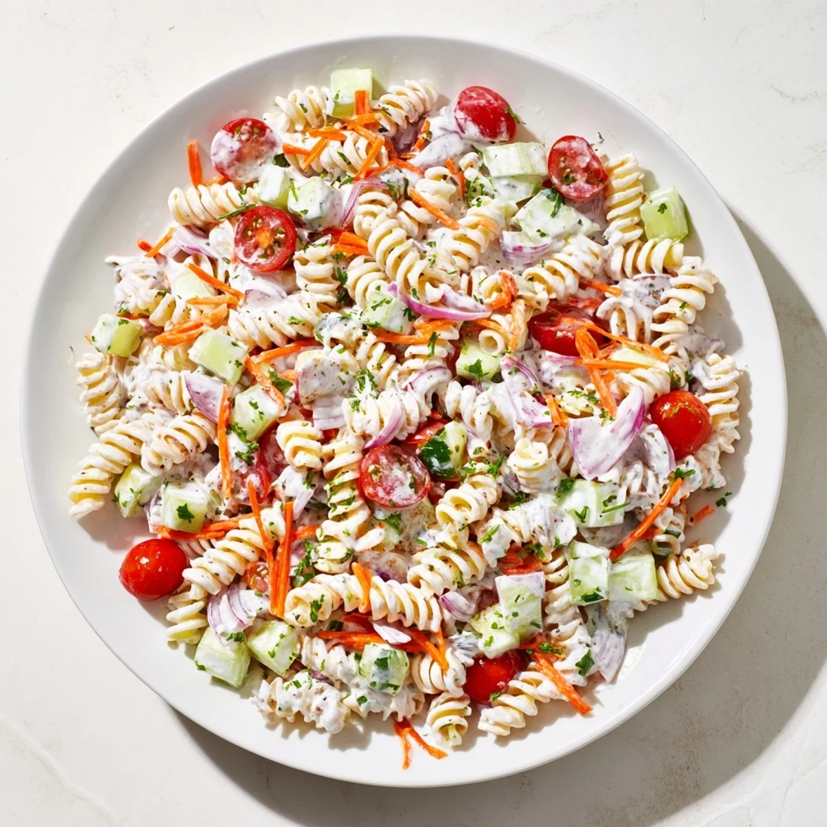 Tender pasta tossed in creamy hemp seed ranch, a delicious Vegan Hemp Seed Ranch Pasta Salad.