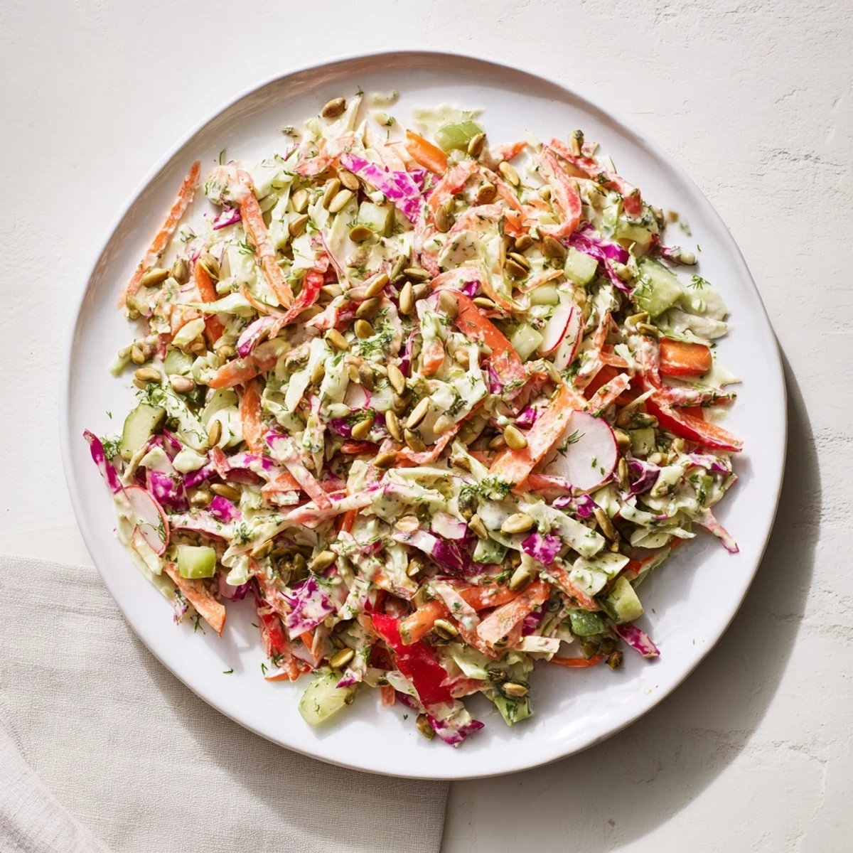 Close-up of the fresh and flavorful Green Goddess Confetti Chop Slaw, ready to serve and enjoy.