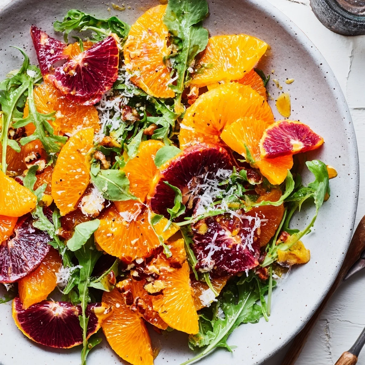 Freshly assembled Winter Citrus & Candied Pecan Salad, ready to eat, with crunchy pecans and goat cheese.