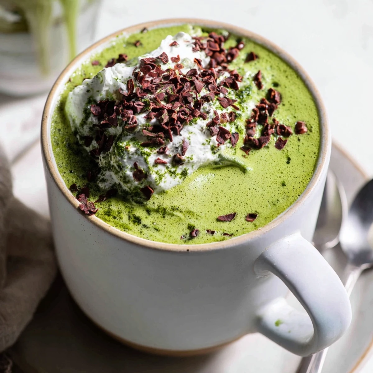 A steaming Collagen Peppermint Mocha Matcha Latte, a vibrant green and cocoa-colored beverage, is ready to enjoy.