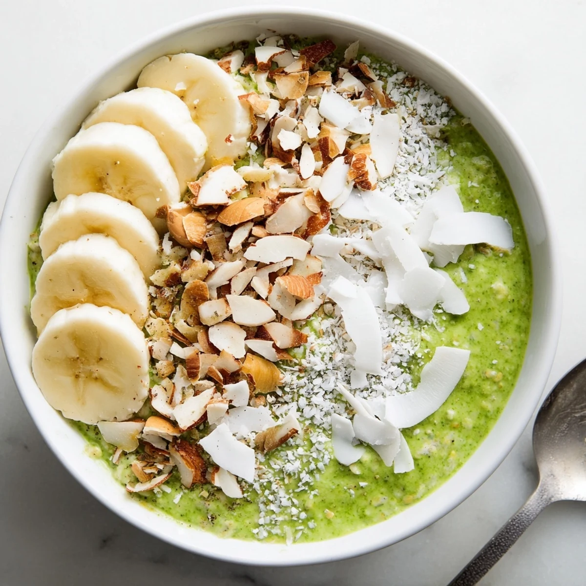 Creamy, vibrant High-Protein Eggnog Matcha Overnight Oats, chilled and topped with sliced banana and nuts.