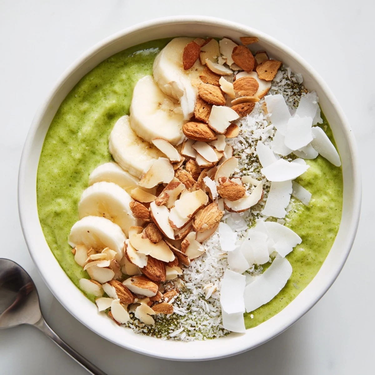 A close-up of High-Protein Eggnog Matcha Overnight Oats, showing the layered texture with matcha and spiced notes.