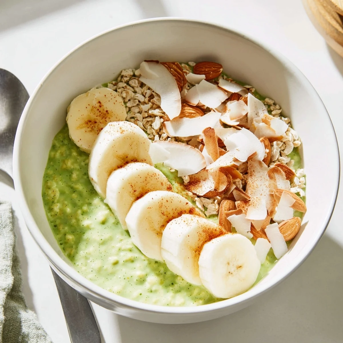 Enjoy this refreshing and protein-packed High-Protein Eggnog Matcha Overnight Oats breakfast, ready to serve!