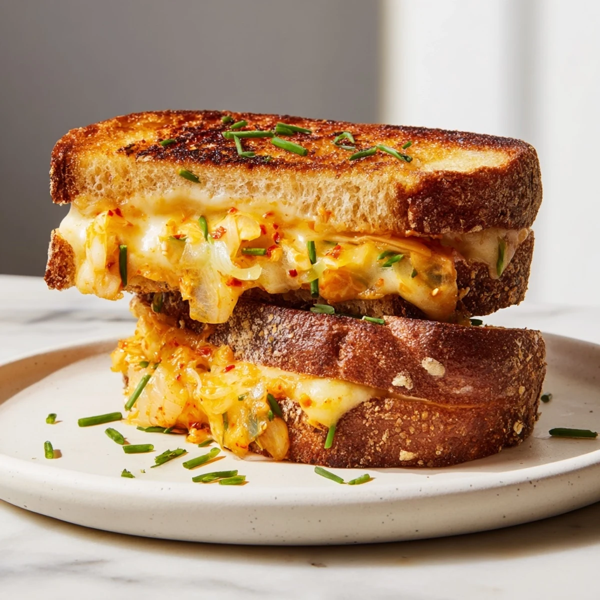 A close-up of a warm, cheesy Skillet Kimchi & Cheddar Fusion Grilled Cheese, ready to be sliced.