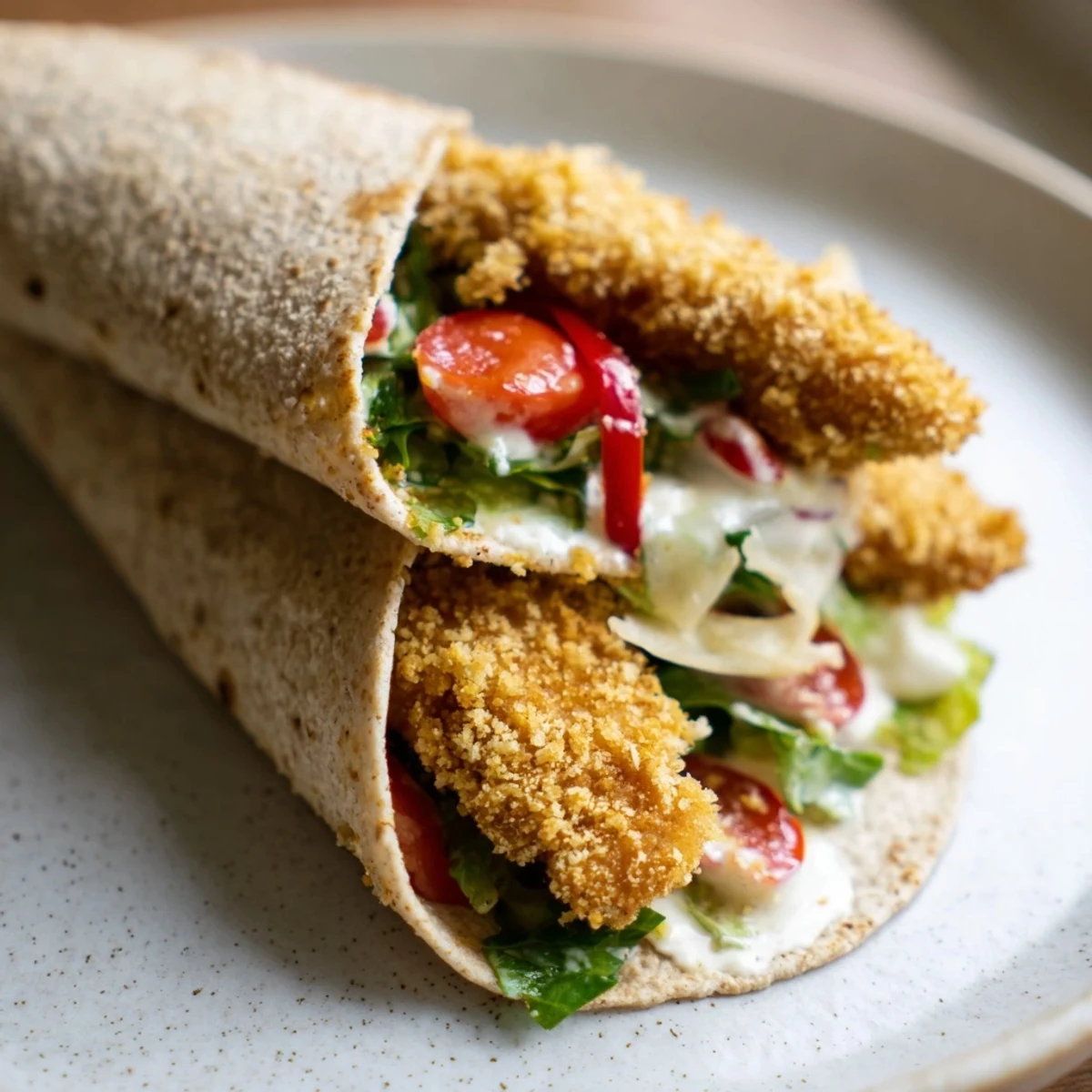 Picture of a delicious Crispy Santa Hat Chicken Caesar Wrap, ready to be eaten.