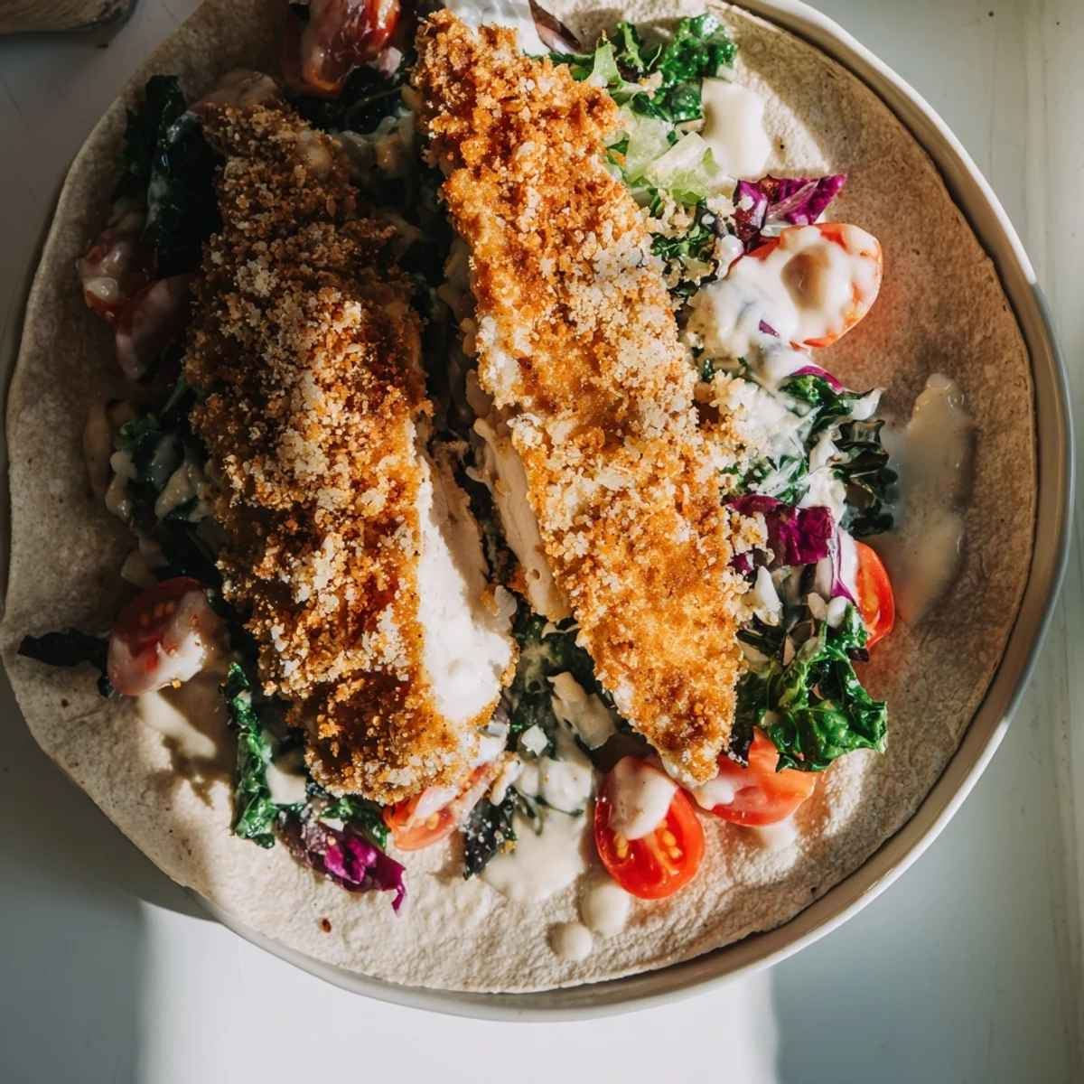 Golden brown, baked Crispy Santa Hat Chicken Caesar Wraps, filled with fresh romaine and cheese.