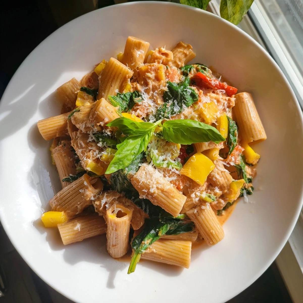 Creamy Lightened-Up Vodka Rosé Christmas Pasta, vibrant red peppers and spinach make a delicious holiday main.