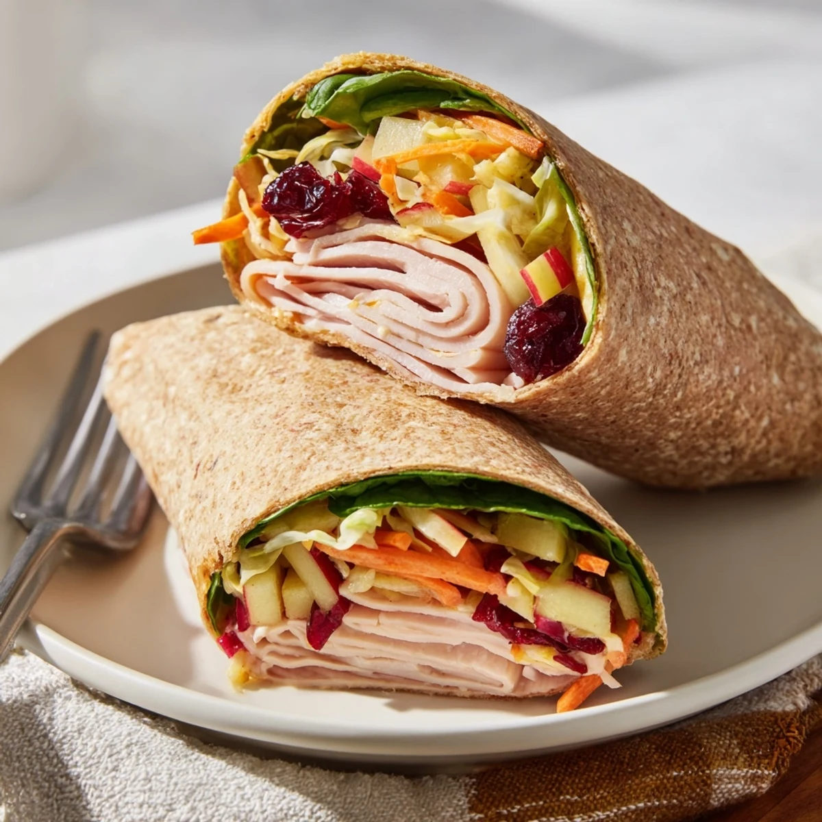 Bright and colorful cranberry apple slaw filling a turkey wrap, ready for an easy lunch.
