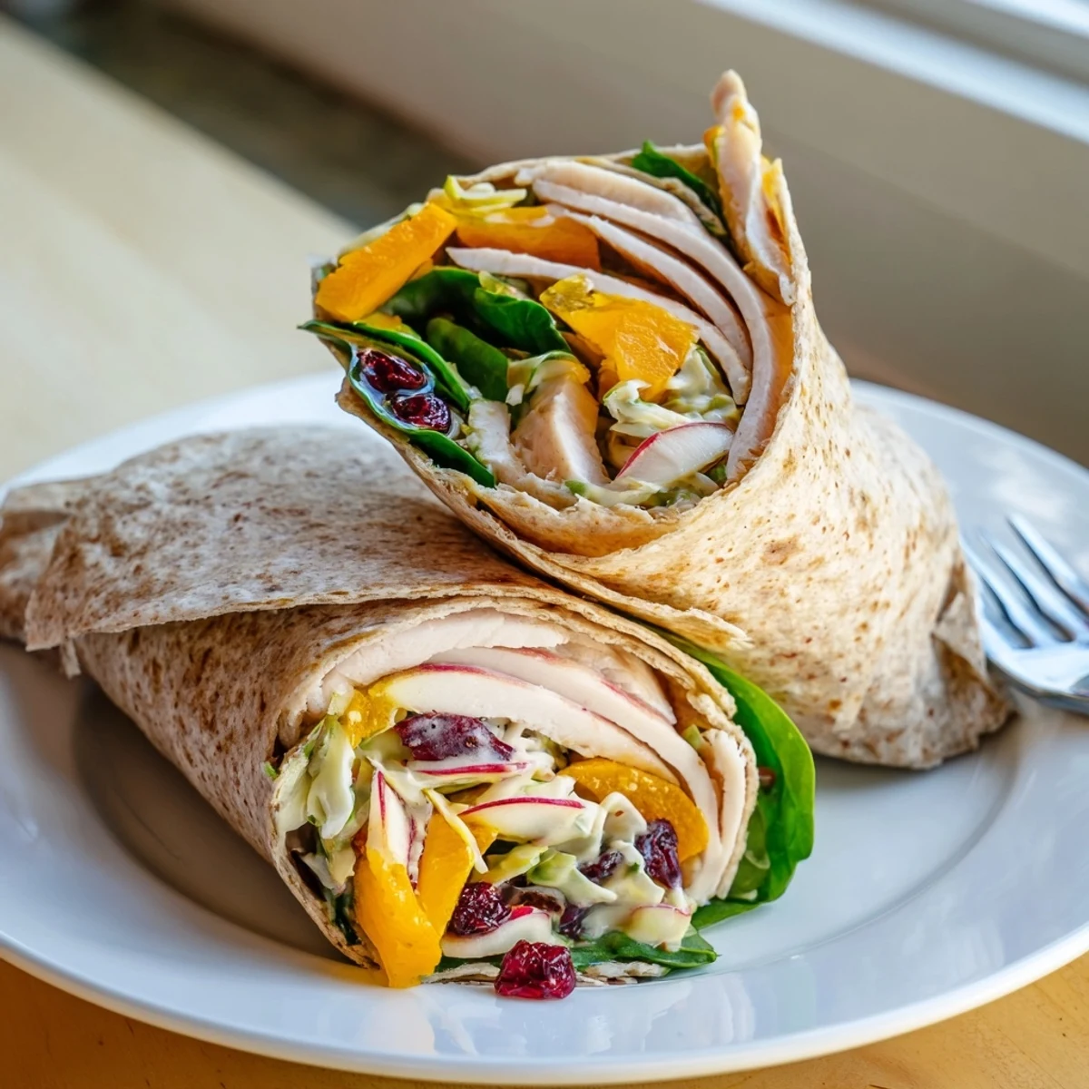 Sliced cranberry apple slaw turkey wrap, revealing the fresh slaw and lean turkey nestled inside the tortilla.