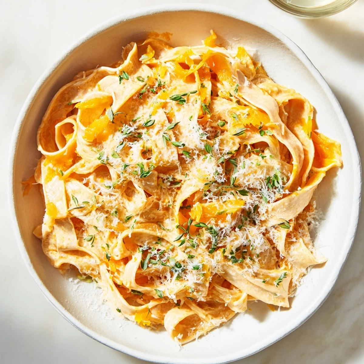 Rich and creamy Healthy Creamy Pumpkin Sage Holiday Pasta showcasing a vibrant pumpkin sauce over pasta.