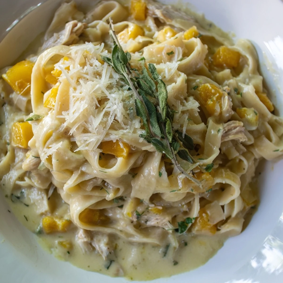 A steaming plate of Healthy Creamy Pumpkin Sage Holiday Pasta, hinting at flavors of sage and autumn spices.