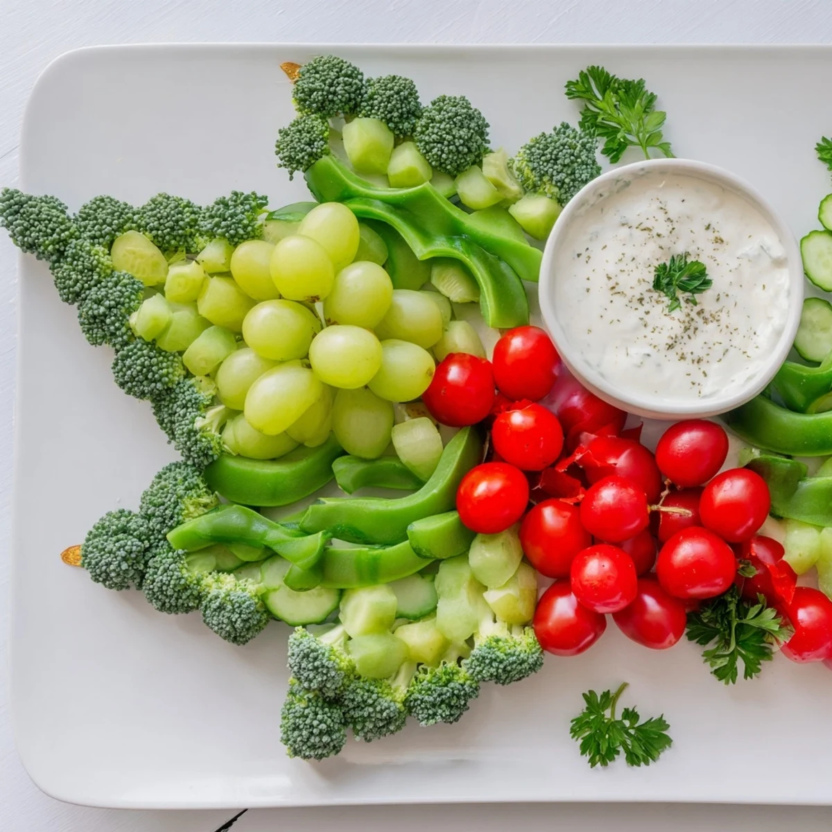 Holly Leaf Veggie Board: A colorful, healthy appetizer featuring fresh veggies arranged like holly leaves and berries.