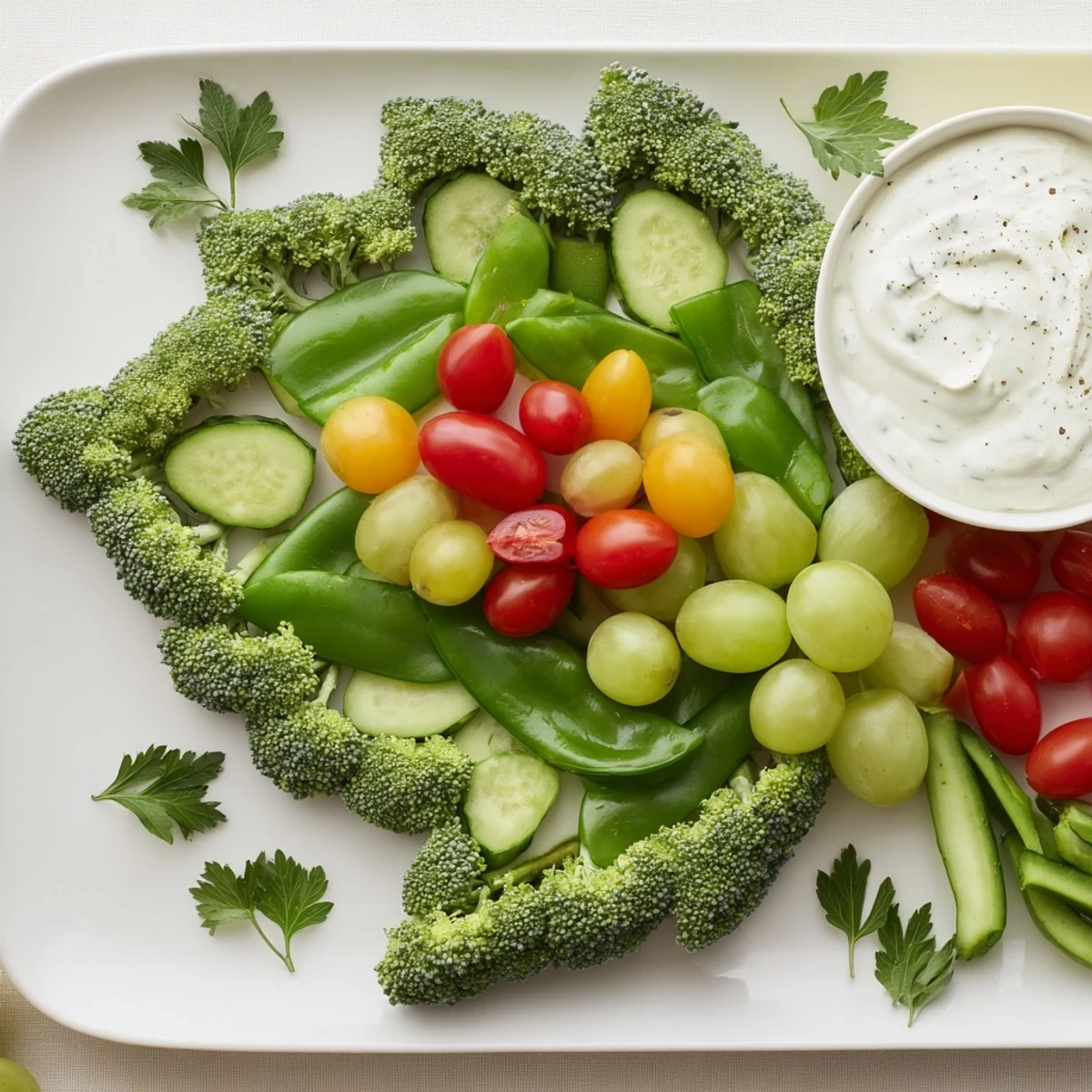 Vibrant Holly Leaf Veggie Board: Crisp broccoli, cucumbers, and tomatoes on a platter with creamy dip.