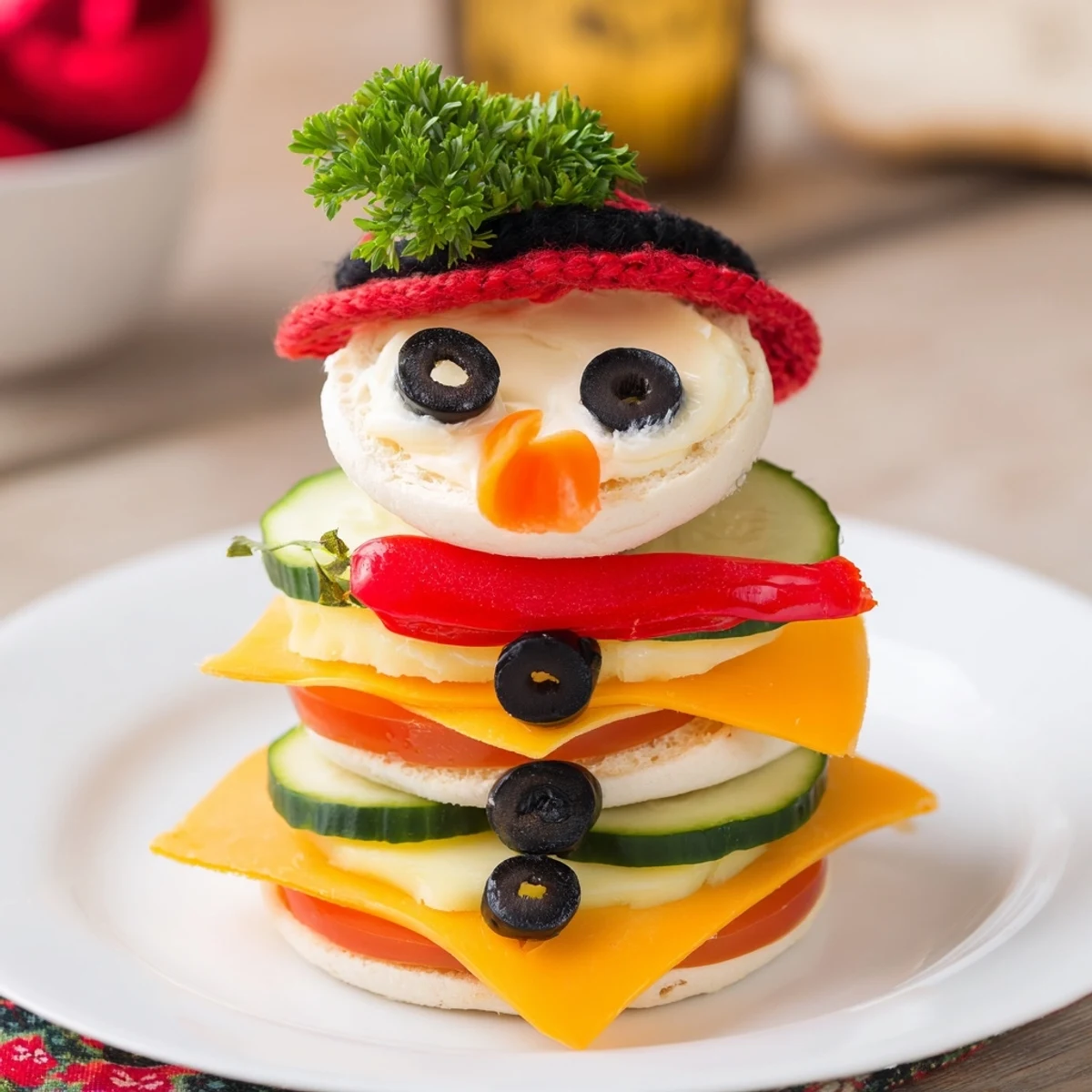 Snowman Sandwich Stack, a festive arrangement of white bread circles with olive eyes and carrot nose.