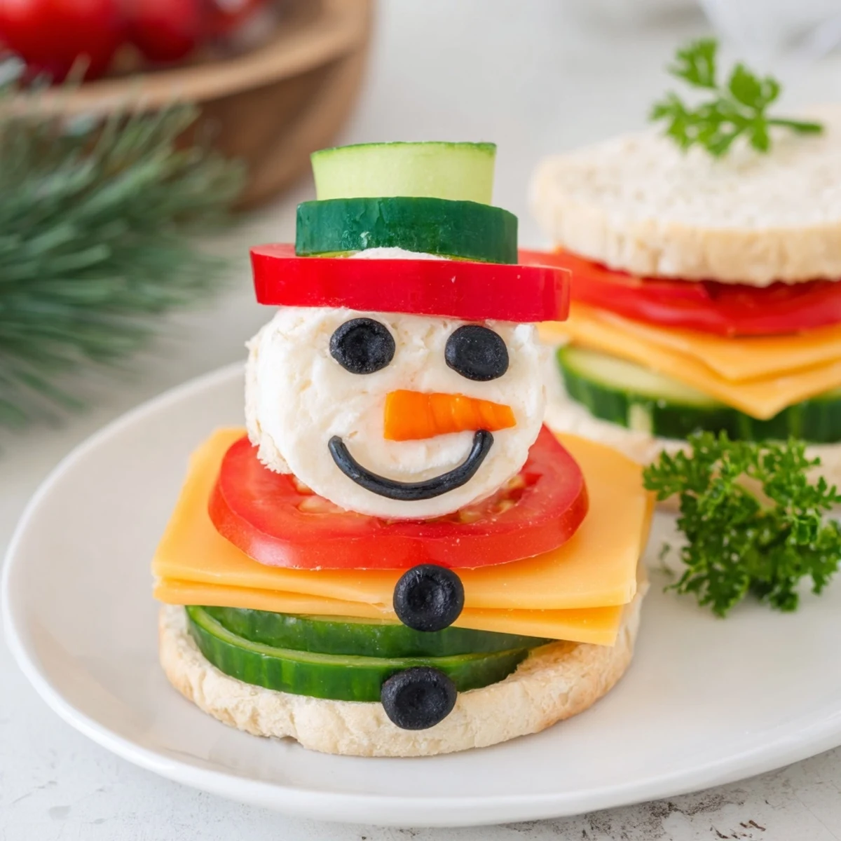 Festive Snowman Sandwich Stack, kid-friendly lunch featuring happy faces made of cut vegetables.