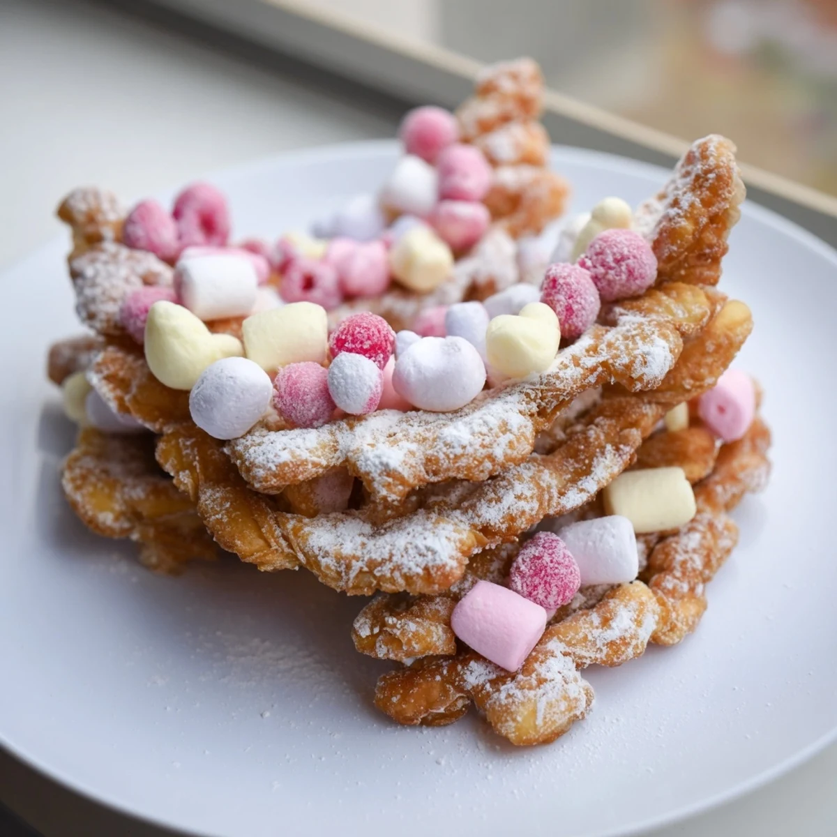 Golden-fried Polish angel wings candy board, surrounded by colorful candies and fresh berries, perfect for sharing.