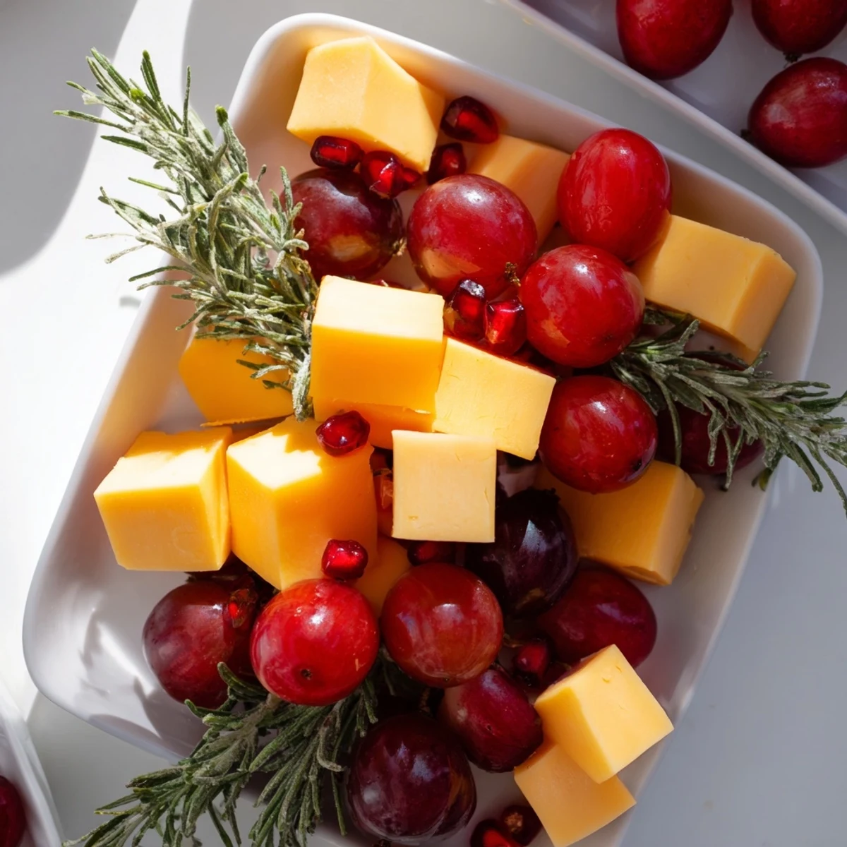 Christmas Stocking Snack Tray overflowing with colorful cheddar, grapes, and crackers for a fun holiday appetizer.