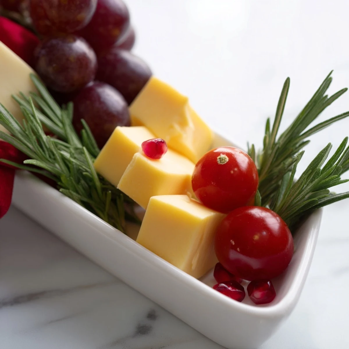 Easy-to-make Christmas Stocking Snack Tray boasts salami "toe" and red grapes, perfect for holiday entertaining.