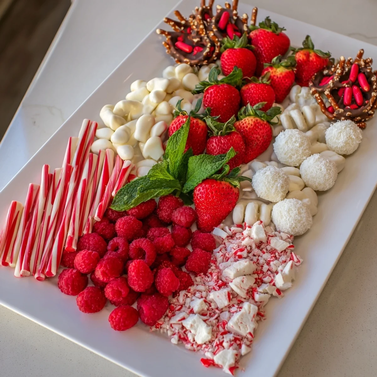 Festive Candy Cane Striped Platter with vibrant red and white treats, ready for your holiday party.