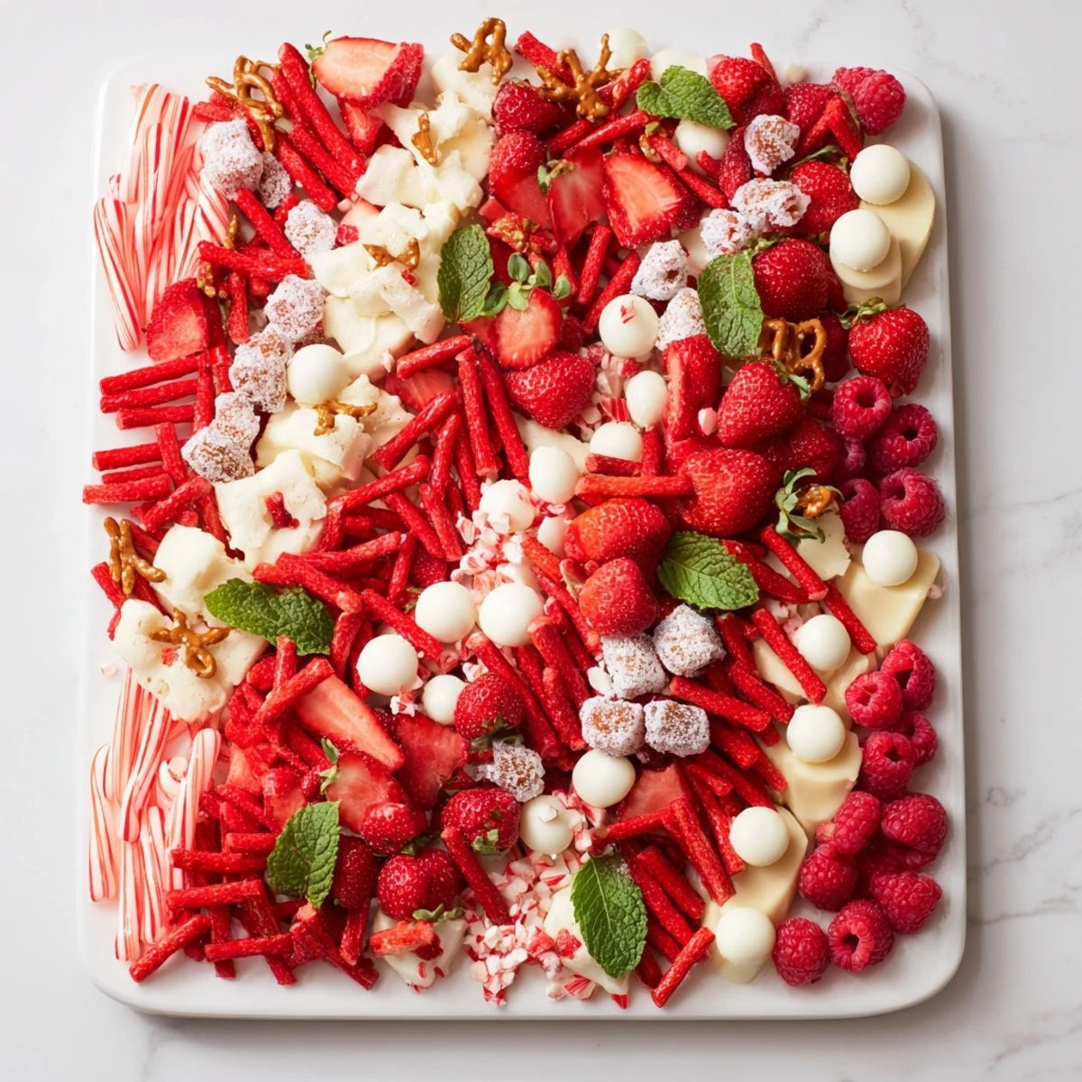 This Candy Cane Striped Platter showcases a colorful arrangement of red and white sweets, ideal for sharing.