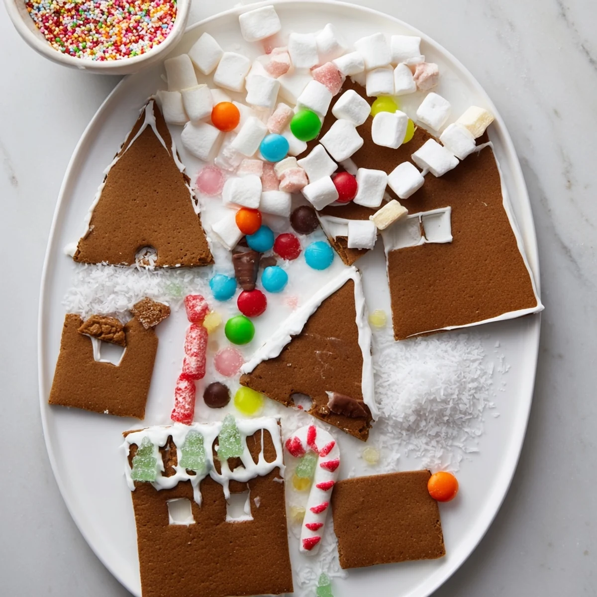 A visually appealing Gingerbread House Board with colorful candies and gingerbread pieces ready to build.