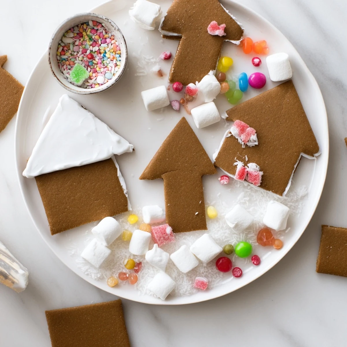 A close-up of a festive Gingerbread House Board, showing a variety of candies surrounding the gingerbread.