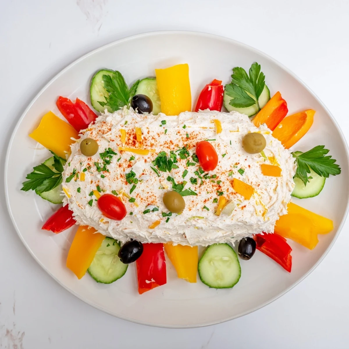 Festive Christmas Lights Appetizer Spread with colorful bell peppers and olives on creamy cheese.